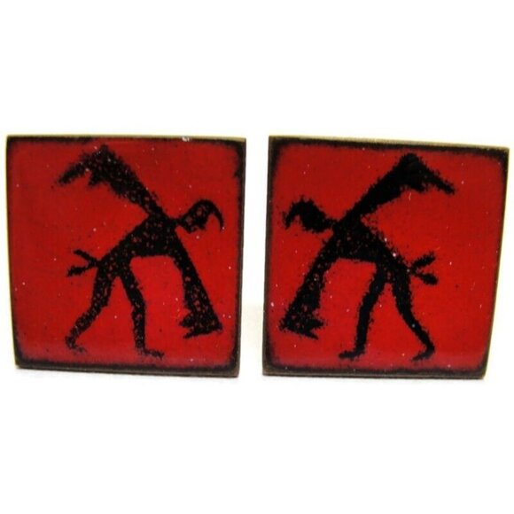 Red Enamel Copper Cufflinks Square Shirt Accessories Wedding Vintage - Picture 11 of 11